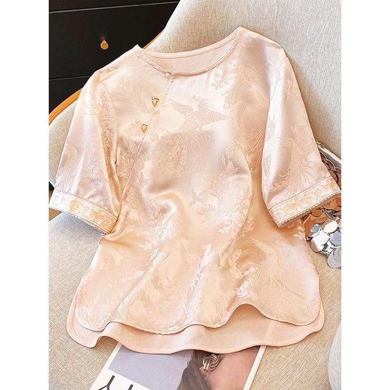 New Chinese-Style Versatile Satin Short-Sleeve Shirt for Women, 2026 Summer Collection, National Style, Elegant Acetate Pink Top New Chinese-Style Versatile Satin Short-Sleeve Shirt for Women, 2026 Summer Collection, National Style, Elegant Acetate Pink Top