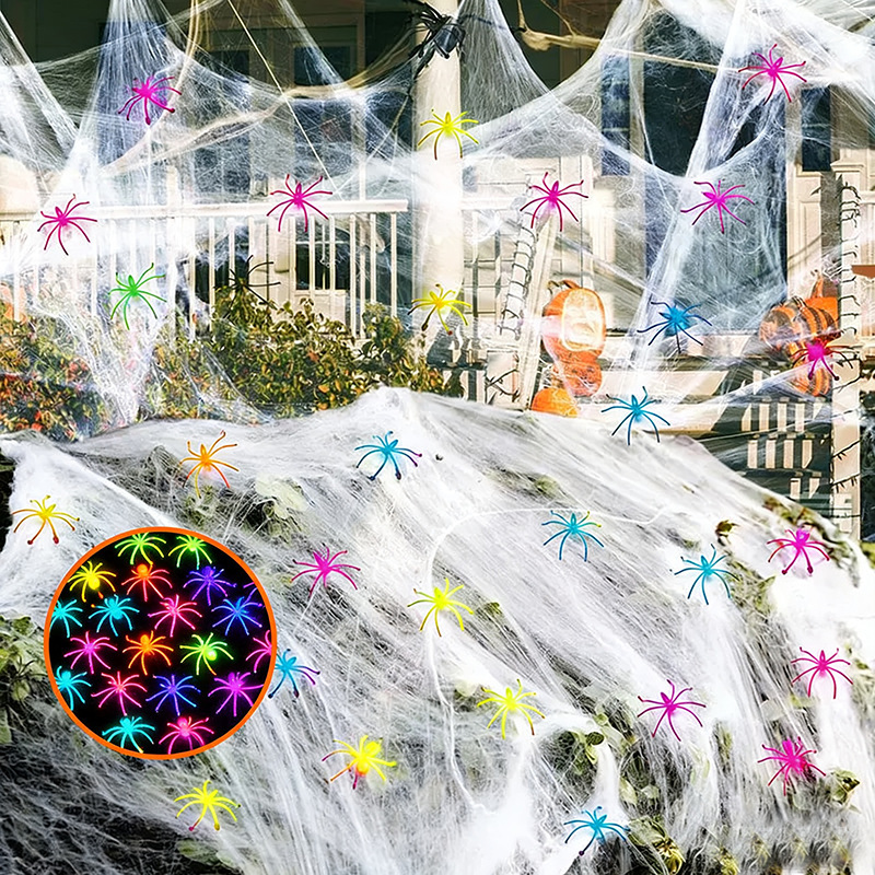 New Halloween Decoration Spider Cotton with Colorful Spiders, Outdoor Spider Web, Spider Silk, Outdoor Decoration Items