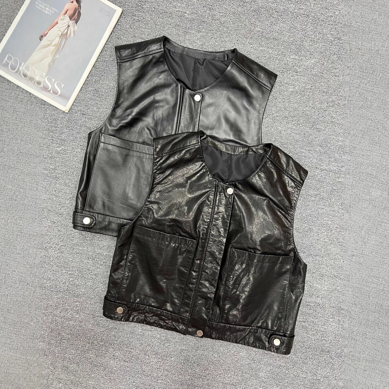 Sheepskin Vest for Women 2025 Autum New Style Genuine Leather Sleeveless Vest Round Neck Short Style Versatile Fashionable Vest for Outer Wear