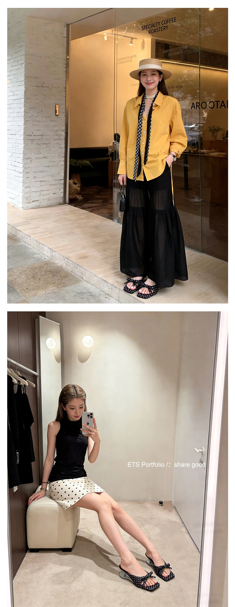Sandal cao gót nữ mũi vuông hở ngón, đế xuồng chấm bi nơ bướm, gót 6 cm — màu đen, màu trắng ngà, màu mơ chi tiết 11