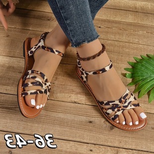 Large Size Leopard Print Sandals Women's 2024 Spring New Roman Flat Non-Slip Slip-On Beach Sandals Wholesale