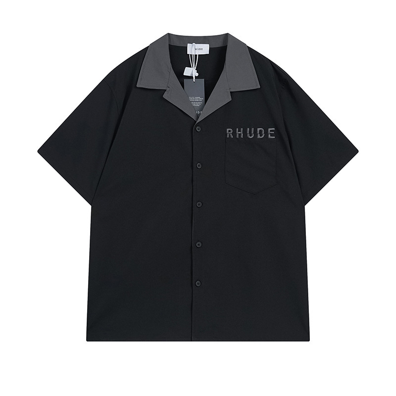 European and American High Street Trendy Brand Rhude New Cuban Collar Short-sleeved Shirt Letter Embroidered Buckle-style Short-sleeved Top for Summer