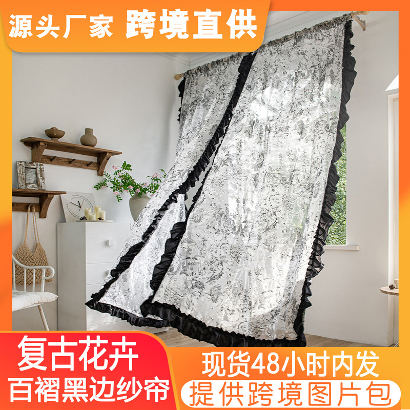Cross-border Flower Transparent Curtain French Retro Black Edge Decorative Gauze Curtain Finished Amazon temu