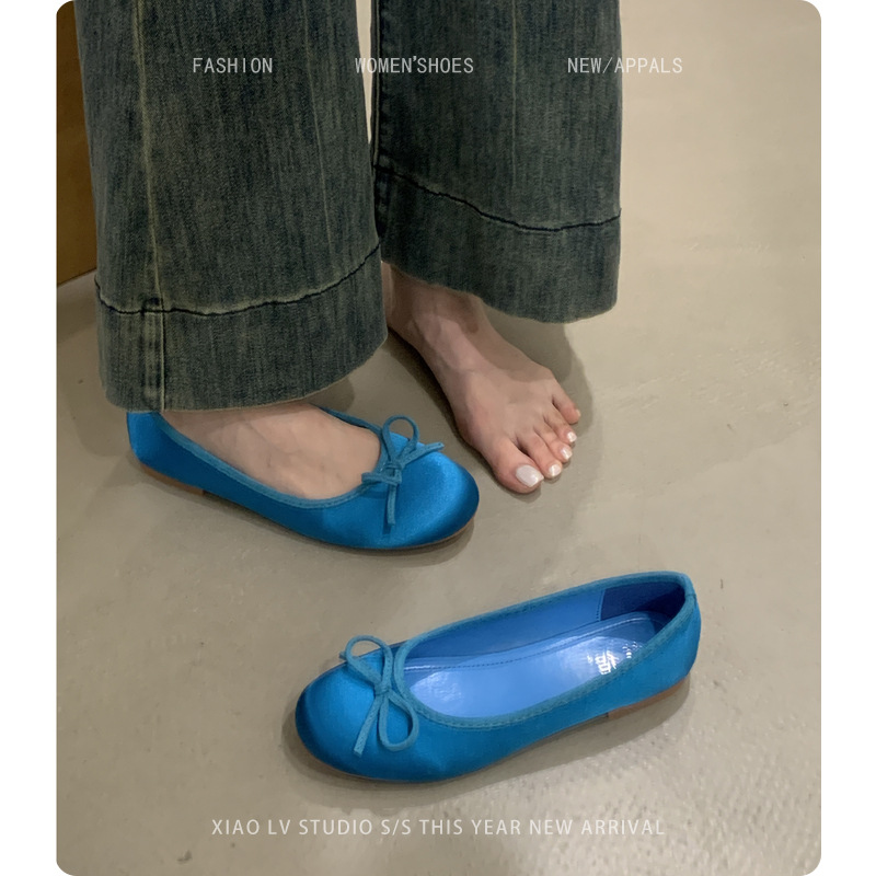 Flat Gentle Evening Shoes Blue Shoes Ballet Shoes Spring and Summer French Style Butterfly Shoes Women's plus size 41 to 43
