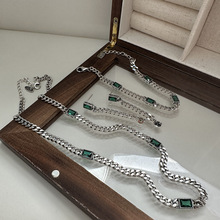 S925纯银韩国风时尚小众设计个性锁骨链绿色锆石拼接时髦锁骨链