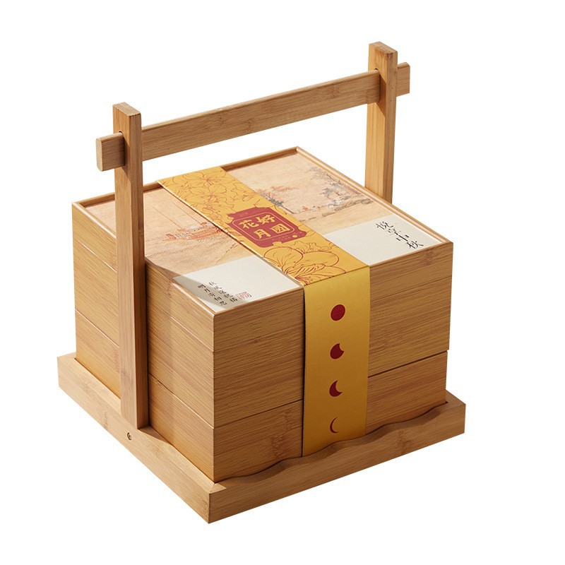 竹制中秋月饼盒 礼品月饼提手双层收纳盒中秋提篮包装盒