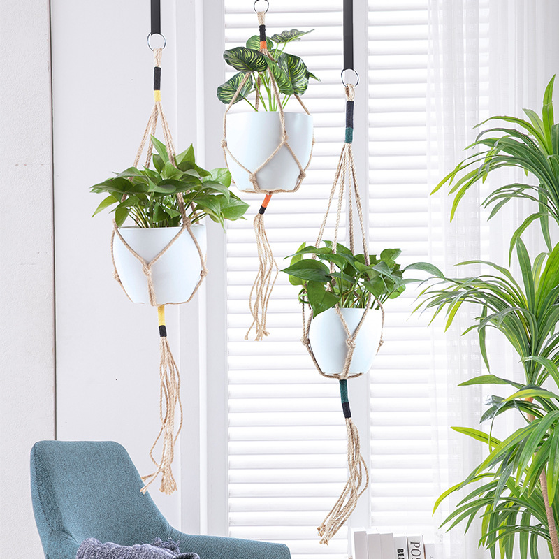 网兜吊盆陶瓷花盆圆形编织吊绳花盆现代简约大中小号悬挂花盆定制|ms