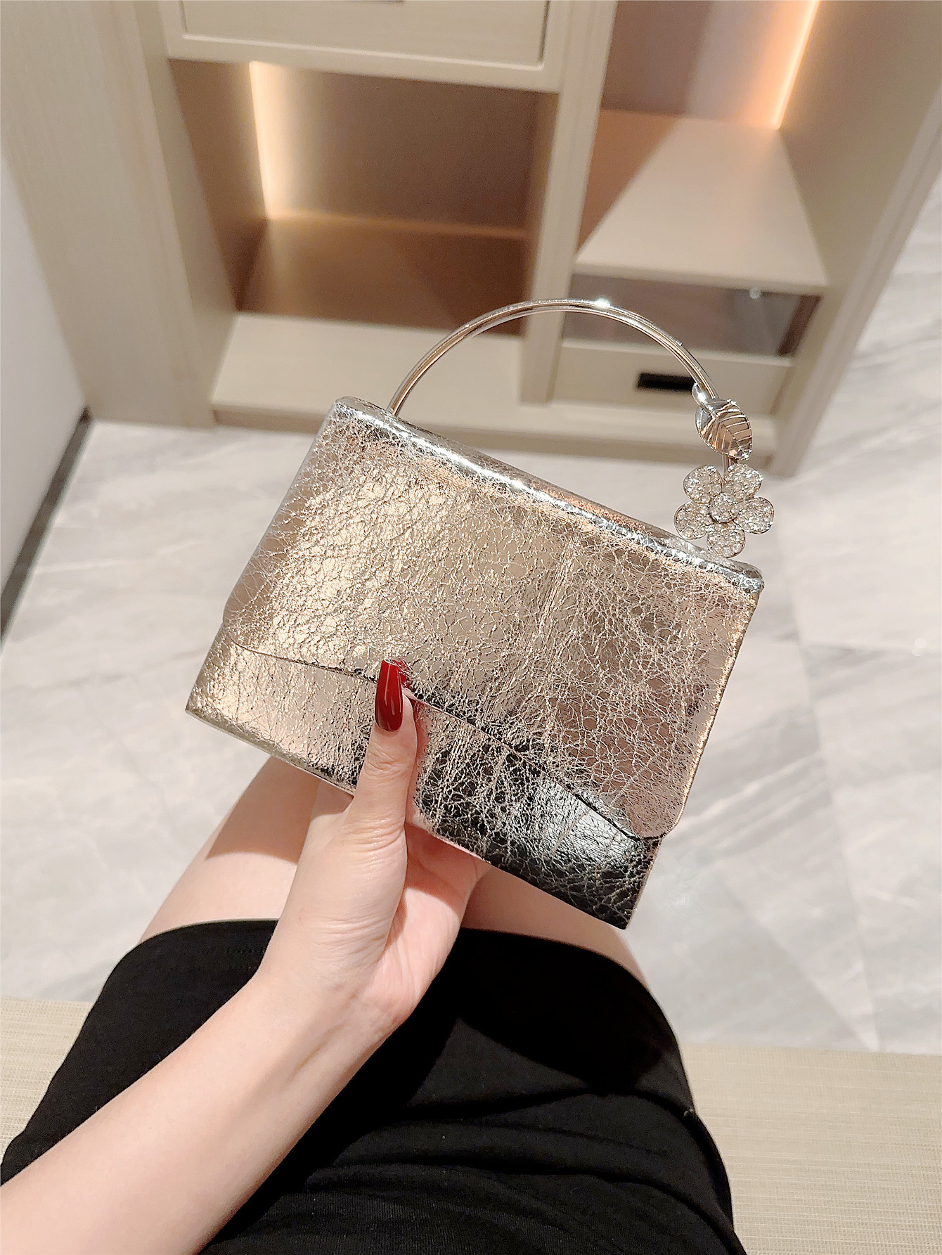 New Patent Leather Flap Evening Bag Gold Bracelet Handle Handbag Party Clutch - Thumbnail 6