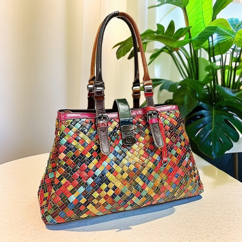 跨境女士编织包真皮女包牛皮多彩复古休闲民族风女单肩手提斜挎包