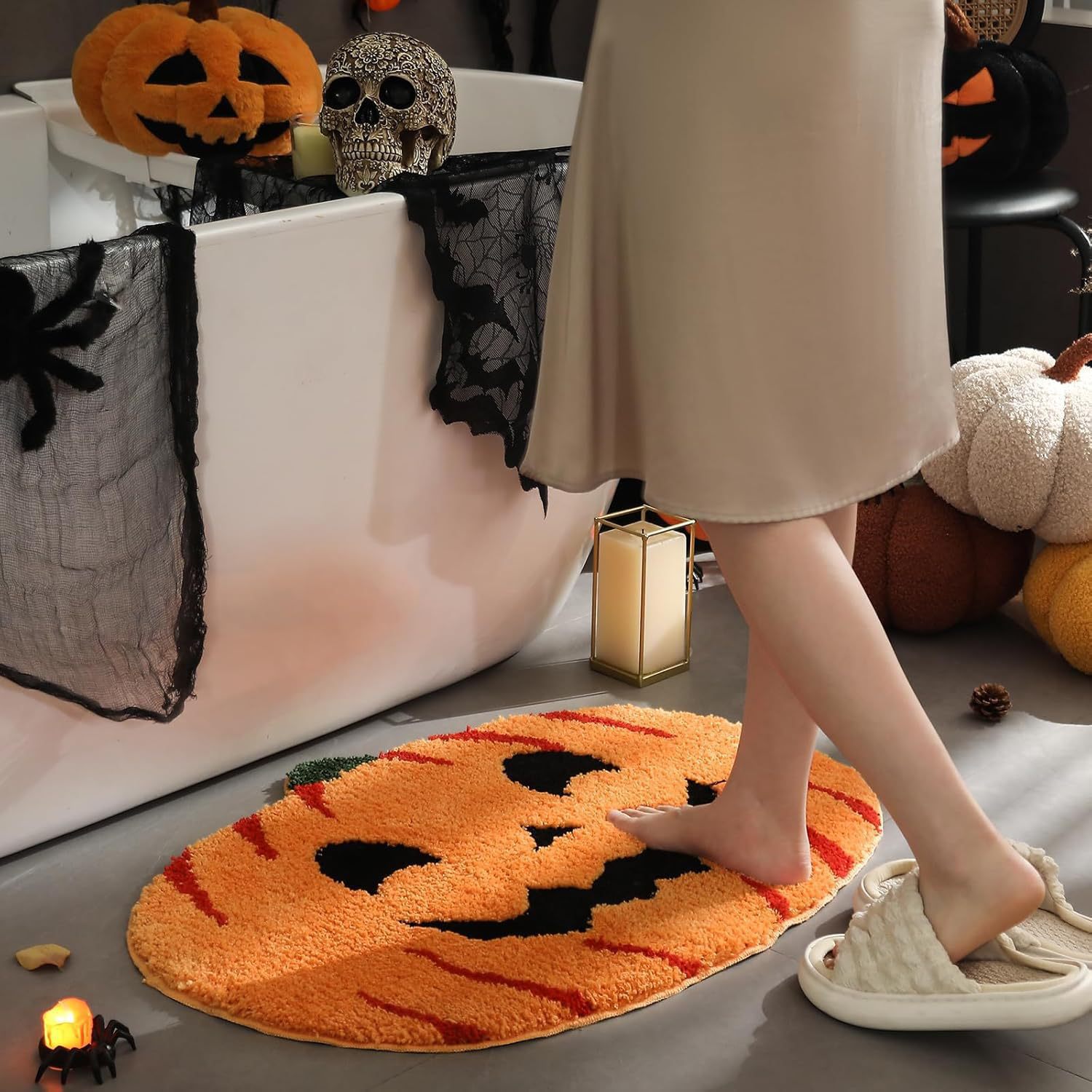 TEMU Halloween Bat Imitation Cashmere Floor Mat, Dirt-resistant and Wear-resistant, Special-shaped Bathroom Mat, Pumpkin Spider Web Foot Mat