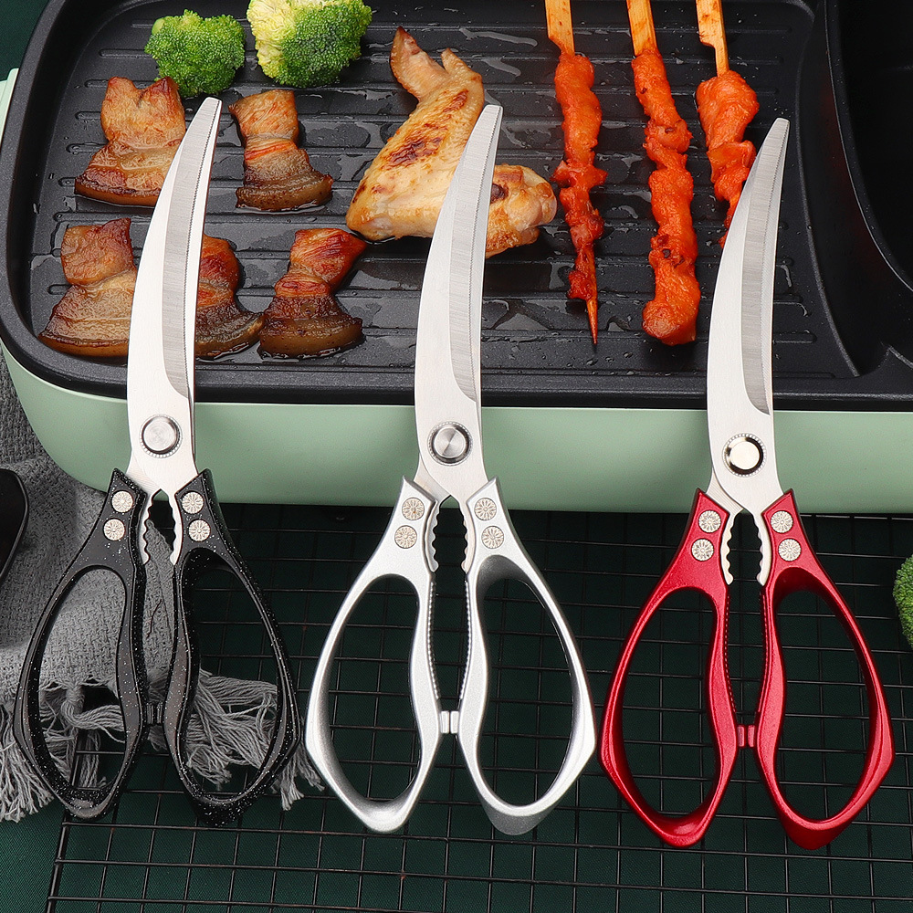 Multifunctional Korean BBQ Scissors with Thickened Stainless Steel Powerful Chicken Bone Scissors Home Use Scissors Anti-Slip Sawtooth Kitchen Shears