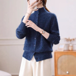 高翻领花纱宽松加厚慵懒风长袖毛衣高级感羊毛羊绒拉毛针织开衫女