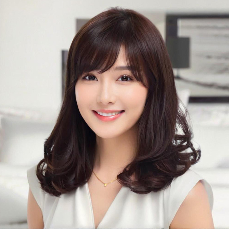 Wig for Women with Medium-Long Hair, Simulated Headgear, Japanese and Korean Oblique Bangs, Clavicle Hair, Chemical Fiber, Long Curly Hair, Cross-Border Supply in Stock