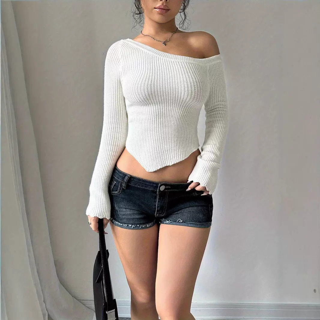 2025亚马逊跨境外贸纯色斜领露肩针织衫欧美螺纹修身设计感毛衣欧