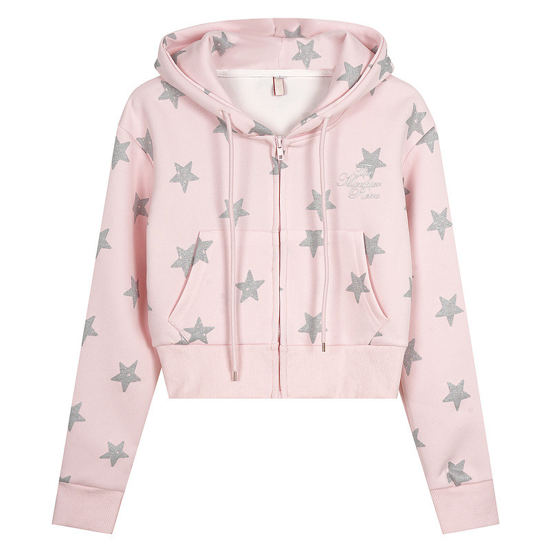 American Retro Style Star-Printed Hooded Pink Sweatshirt, Short Waist-Cinching Design, Sweet and Cool Girly Style, Personalized Top for Women