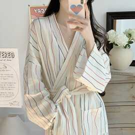 韩系ins简约条纹舒适透气棉纱长袖睡袍早秋新款女士家居服浴袍