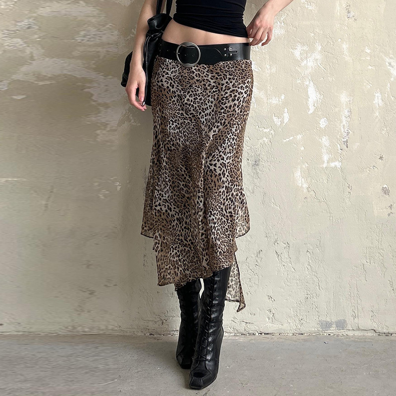 European and American Style Light Mature Style Leopard Print Mesh Asymmetrical Long Skirt 2024 Autumn and Winter Aliexpress New Skirt Women's Clothing