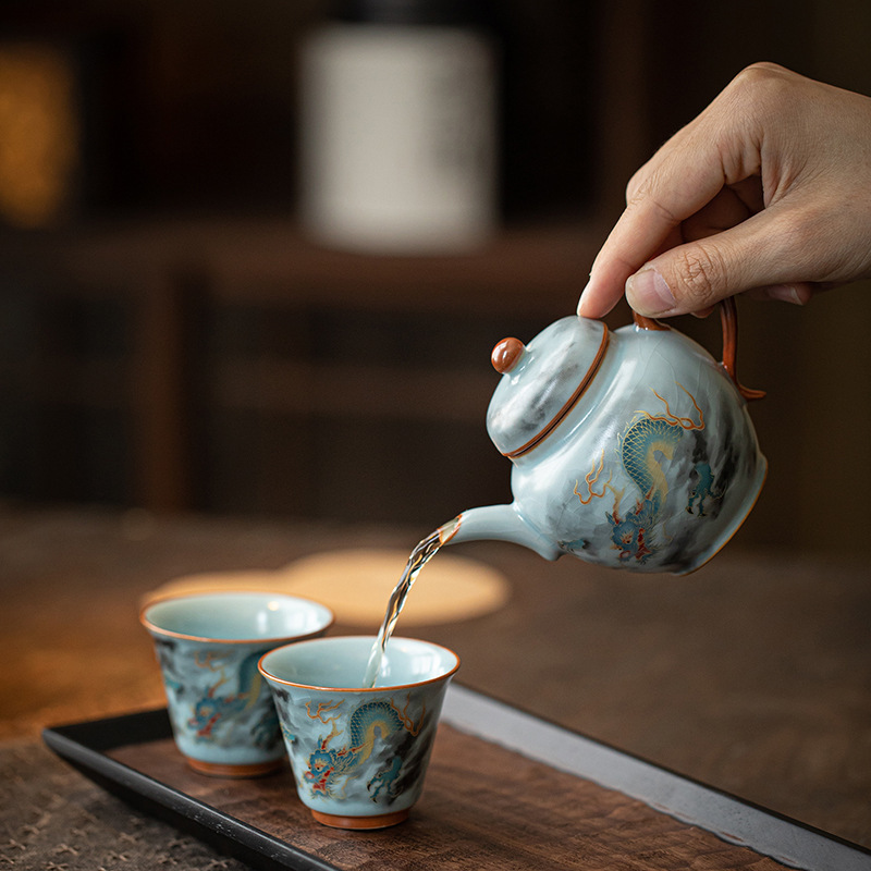 天青汝窑祥龙一壶二杯茶具套装开片可养陶瓷茶壶茶杯送客户伴手礼|undefined