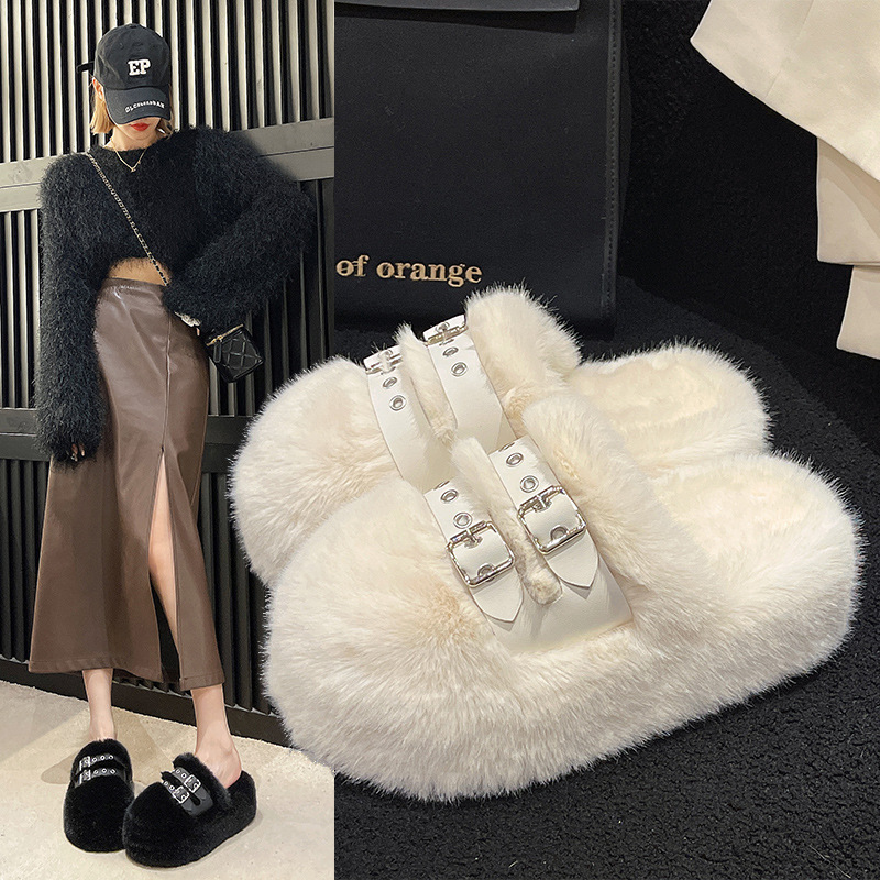 New style closed toe woolen slippers women's Korean-style 7cm thick-soled warm plush shoes comfortable home flat woolen slippers