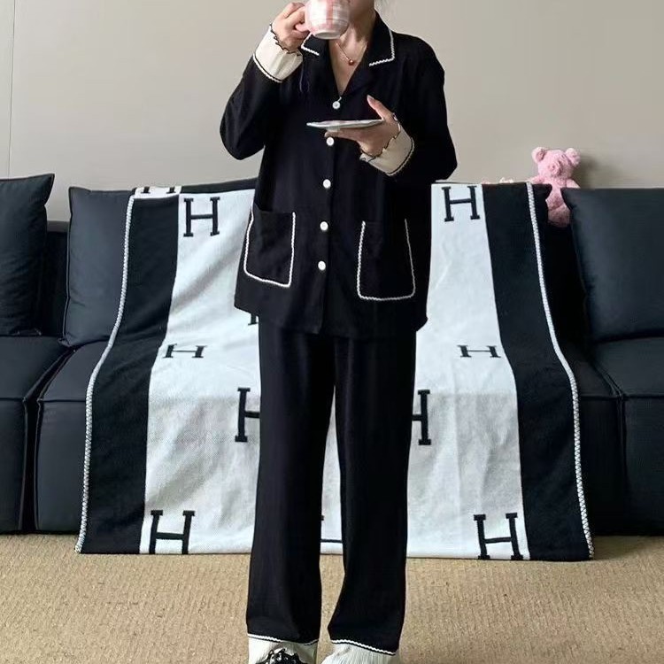 法式小香风睡衣女春秋季长袖长裤套装简约风纯色可外穿休闲家居服|undefined