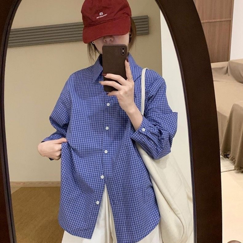 美式慵懒宽松蓝色格子衬衫女春秋季休闲百搭复古长袖衬衣叠穿上衣|undefined