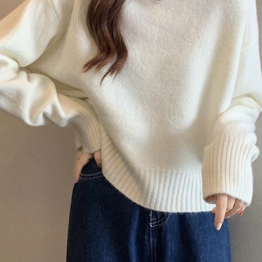 温柔风针织软白色糯新款半高领宽松韩版打底衫女秋冬加绒内搭毛衣