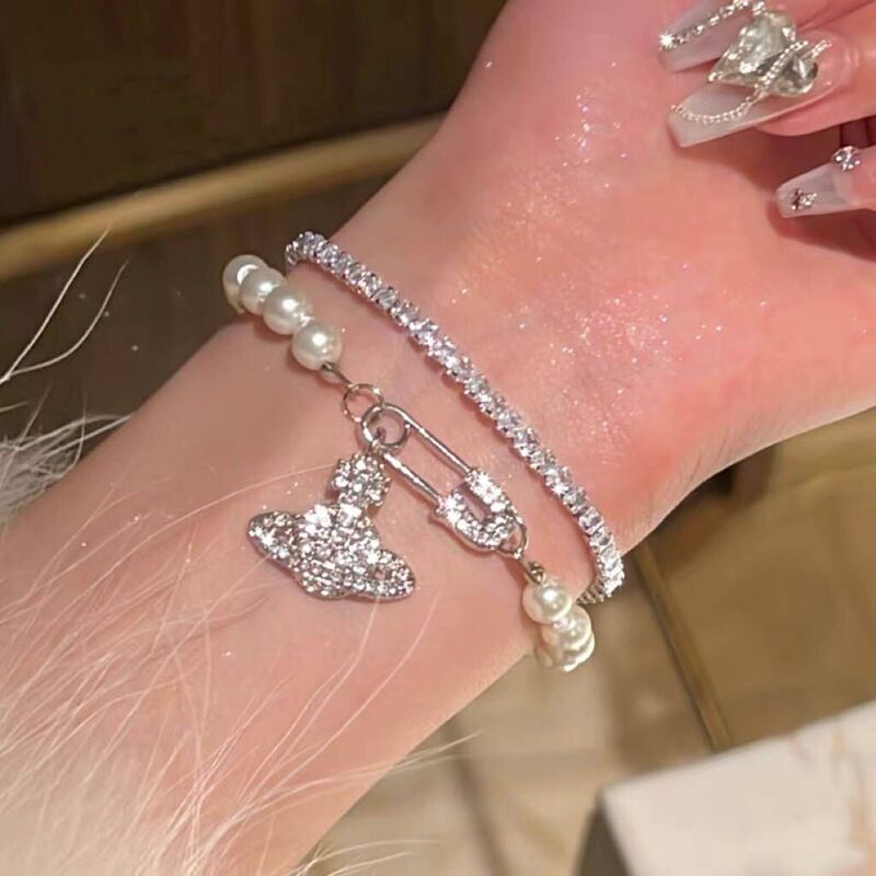 Saturn Pearl Bracelet Women's silver Full Diamond Light Luxury Niche Exquisite Design High-end Vintage Ins Style Bracelet