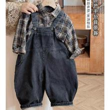 韩版秋秋新款男女童软糯牛仔背带裤帅气儿童洋气宽松连体裤两件套