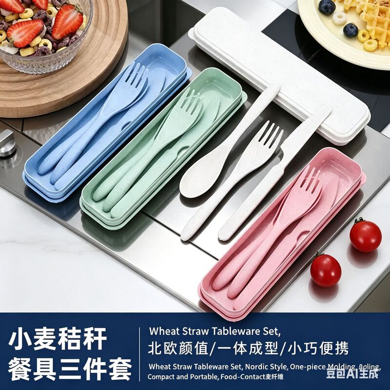 Wheat Straw Knife, Fork, and Spoon Three-Piece Set for Students and Office Workers, Portable Tableware for Outdoor Travel, Steak Knife, Fork, and Spoon Wheat Straw Knife, Fork, and Spoon Three-Piece Set for Students and Office Workers, Portable Tableware for Outdoor Travel, Steak Knife, Fork, and Spoon