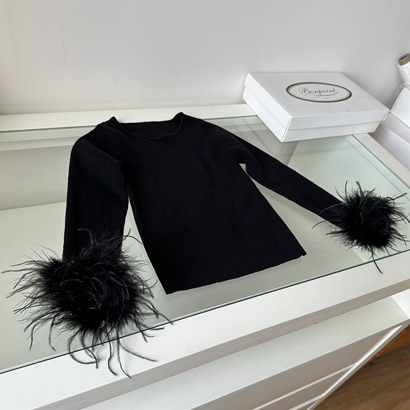 2024 новый стиль девушки страусиное перо манжеты рубашка с круглым вырезом ямы трикотаж осенний и зимний свитер с длинными рукавами