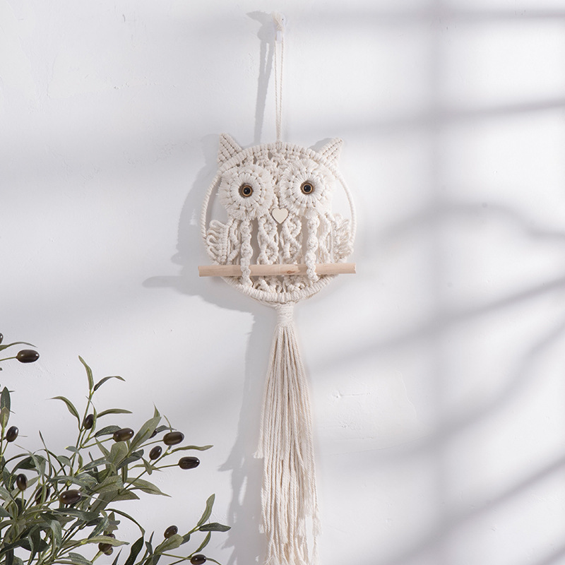 Colgante de búho, cuerda de algodón, tejido a mano, tapiz con borla de estilo bohemio, decoración de pared de casa de familia, colgante de entrada