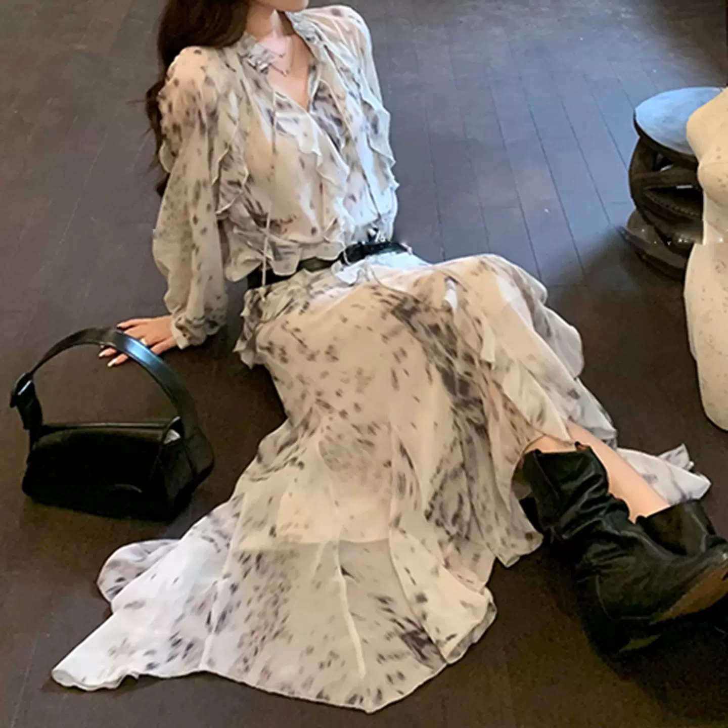 花花 旧桥一梦~油画感法式温柔花边长袖衬衫女韩系不规则半身裙