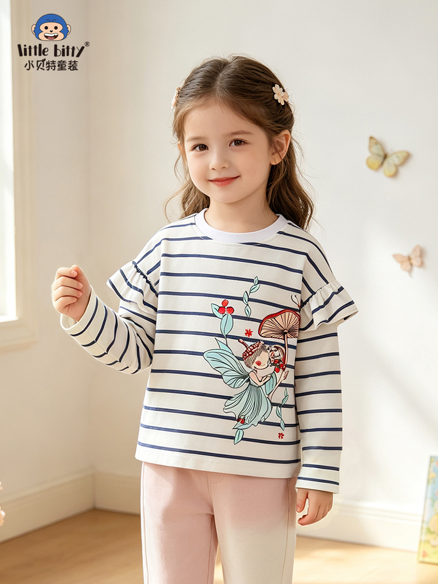 Cross-border children's clothing 26 years children's long-sleeve T-shirt autumn and winter butterfly fairy round neck printed girls' striped T-shirt top