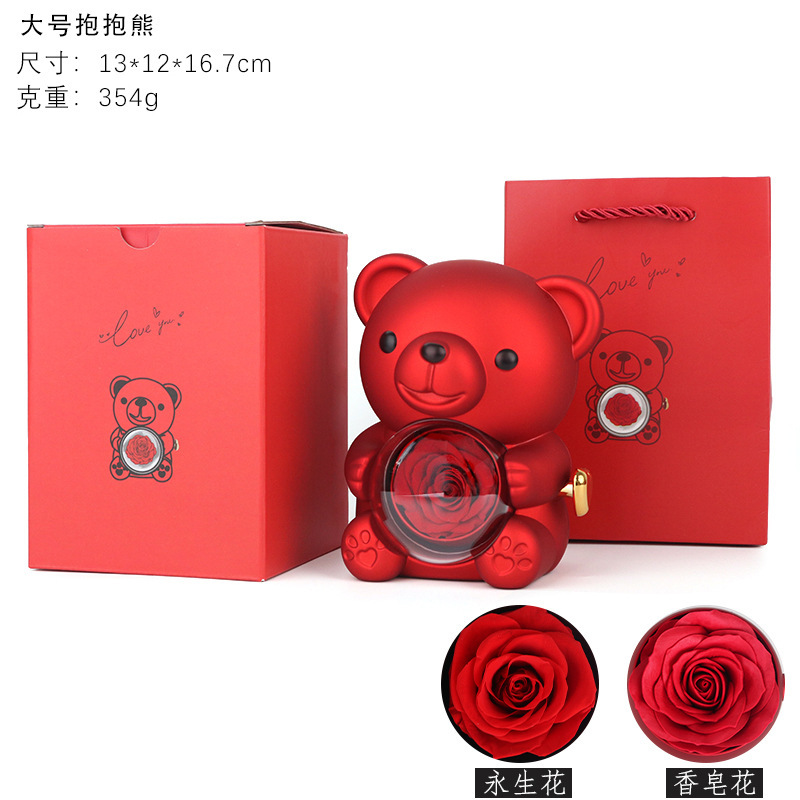 Ventas calientes abrazar oso flip sorpresa caja de joyería rosa oso jabon flor caja de regalo de día de San Valentín