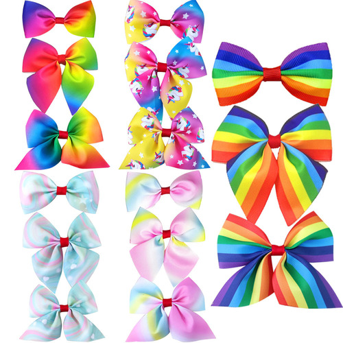 European and American children's cross-border printed rainbow bow hair clips hot-selling striped bow ties girls' hair accessories headwear bows 3-piece set