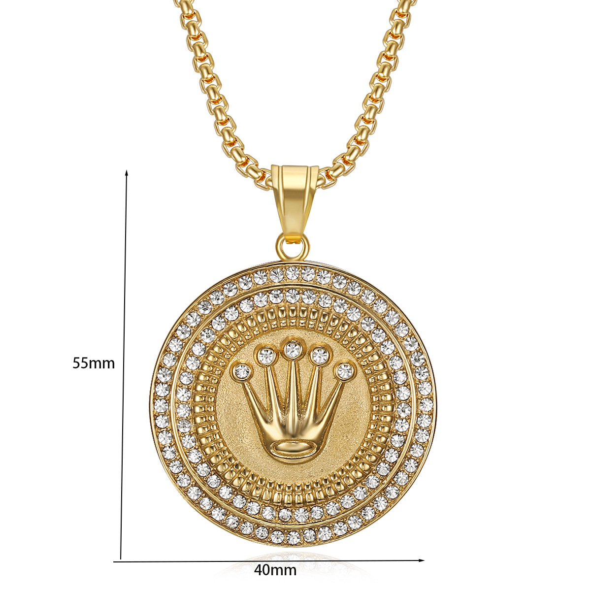 20g Weight Hip-Hop Round Crown Titanium Steel Plating Rhinestones 18K Gold Plated Men's