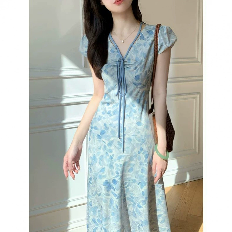 2025 новое летнее женское платье простое бело-синее с принтом французское платье женская ниша Mori girl длинная юбка