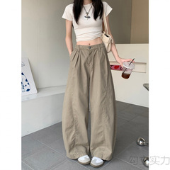 美式复古卡其色弯刀裤做旧牛仔裤女夏季显瘦百搭宽松阔腿裤长裤子