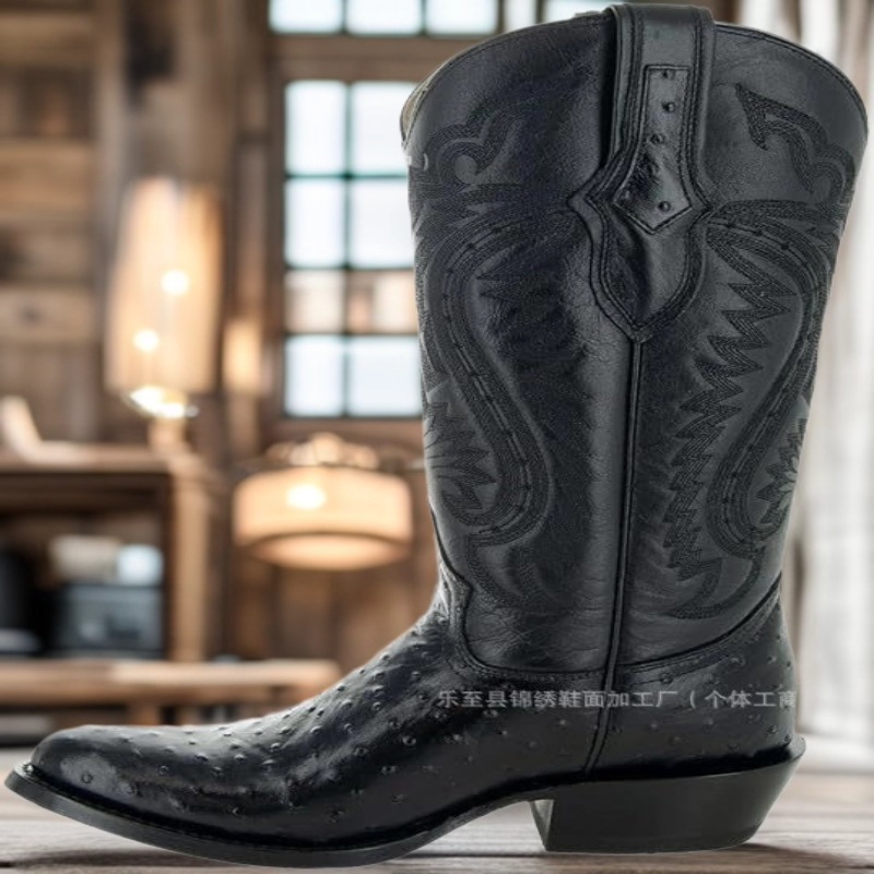 Wish Export Large Size Men's Western Cowboy Boots Embroidered Retro Knight Boots Ostrich Print Cowboy Boots