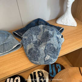 水洗牛仔前进帽男女春秋款个性玫瑰花贝雷帽显脸小反戴鸭舌帽潮