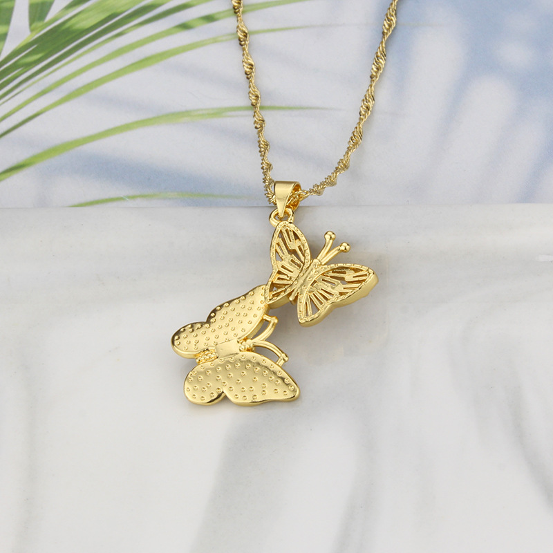fashion color acrylic copper two butterfly pendant necklace