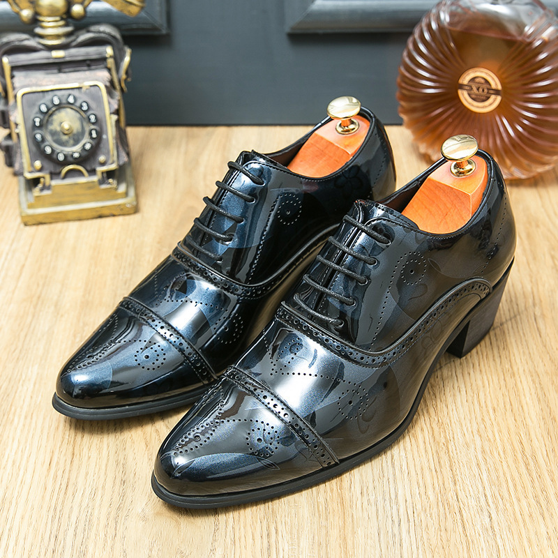 Cross-Border Fashion Bright Face High-Heeled Leather Shoes Men's Wedding Party Prom Lace-Up Leather Shoes Business Casual Cuba Shoe