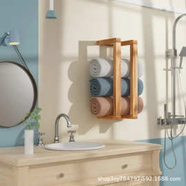 亚马逊实木毛巾收纳架壁挂式木制置物架酒店毛巾架浴室卷纸展示架