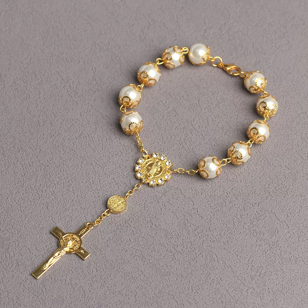Catholic念珠手链玻璃璃仿珍珠金色教堂洗礼祈祷十字架跨境饰品