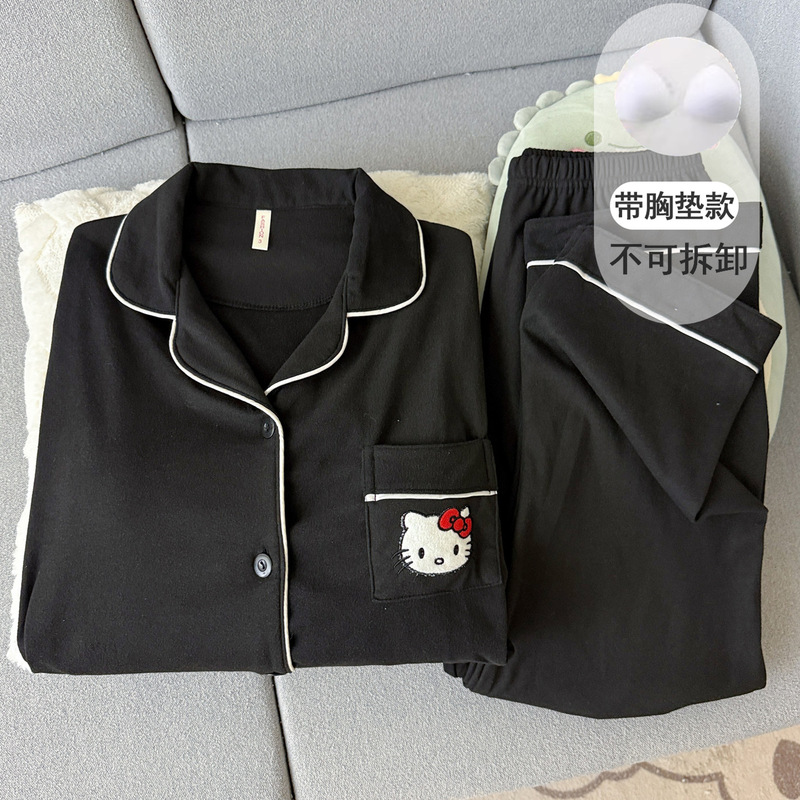 Black Hellokitty Thermal Pajamas with Chest Pads for Women, Autumn and Winter Coral Fleece Thickened Island Fleece Loungewear