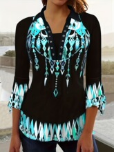 V 43001 Retro Geometric Print V-Neck T-Shirt ���ż���T��
