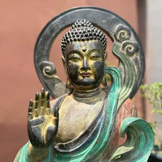 青石精雕彩绘释迦摩尼坐像室内家居装饰石器雕刻佛像