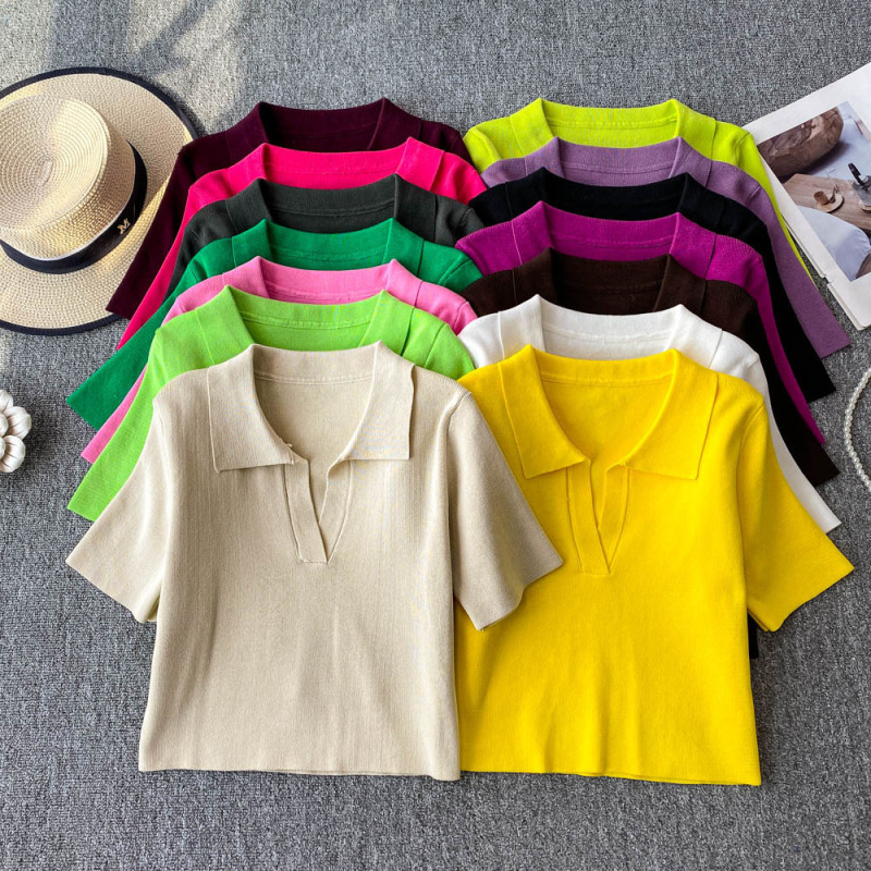 Cross-Border Fashion Polo Collar Slim-Fit Ribbed Stretch Short T-Shirt for Women, New Summer Versatile Short-Sleeve Knit Top