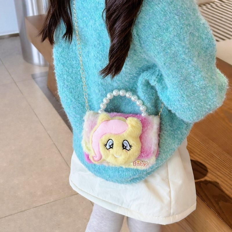 Bolsos infantiles otoño-invierno coreano niñas lindas bolsas de peludo, bolsas de peluche de moda para niñas, bolsas de perlas