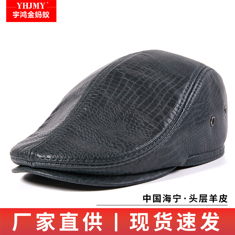 韩版真皮帽子男中老年人牛皮贝雷帽秋冬季复古前进鸭舌帽潮保暖棉